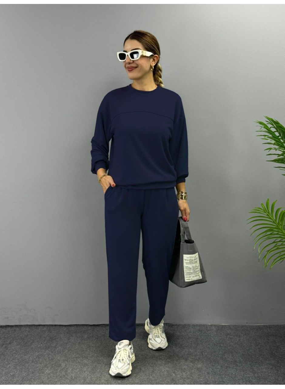 Kadın Uzun Kollu Bisiklet Yaka Viskon Iki Iplik Bluz Ve Pantolon Ikili Takım