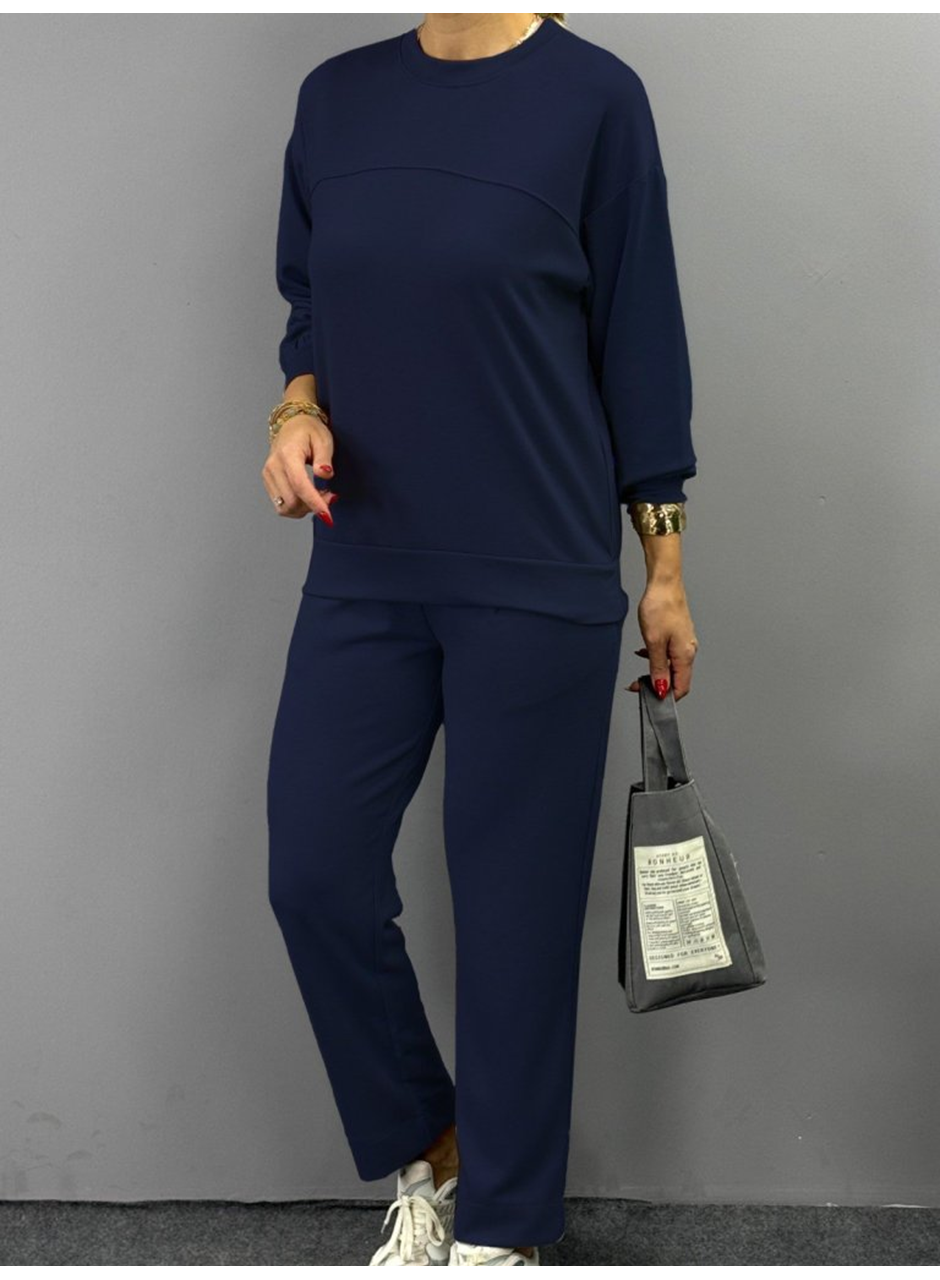 Kadın Uzun Kollu Bisiklet Yaka Viskon Iki Iplik Bluz Ve Pantolon Ikili Takım