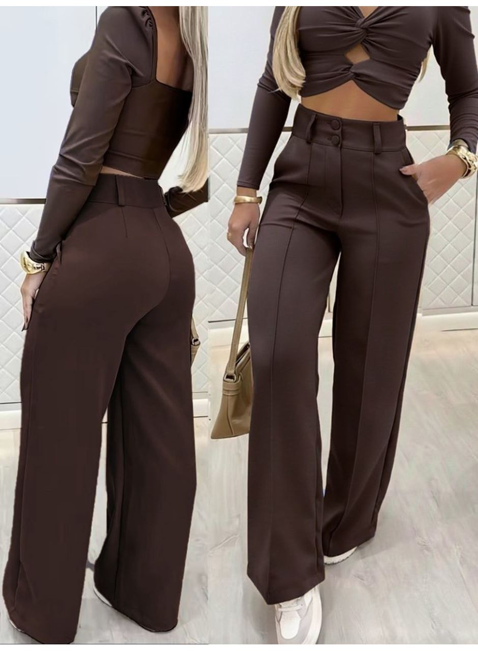 Kadın Uzun Kollu Göğüs Dekolteli Ithal Krep Bluz Ve Pantolon Ikili Takım