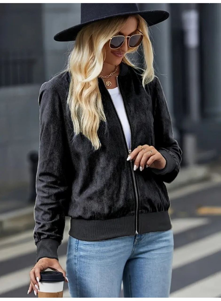 Kadın Uzun Kollu önden Fermuarlı Süet Ceket