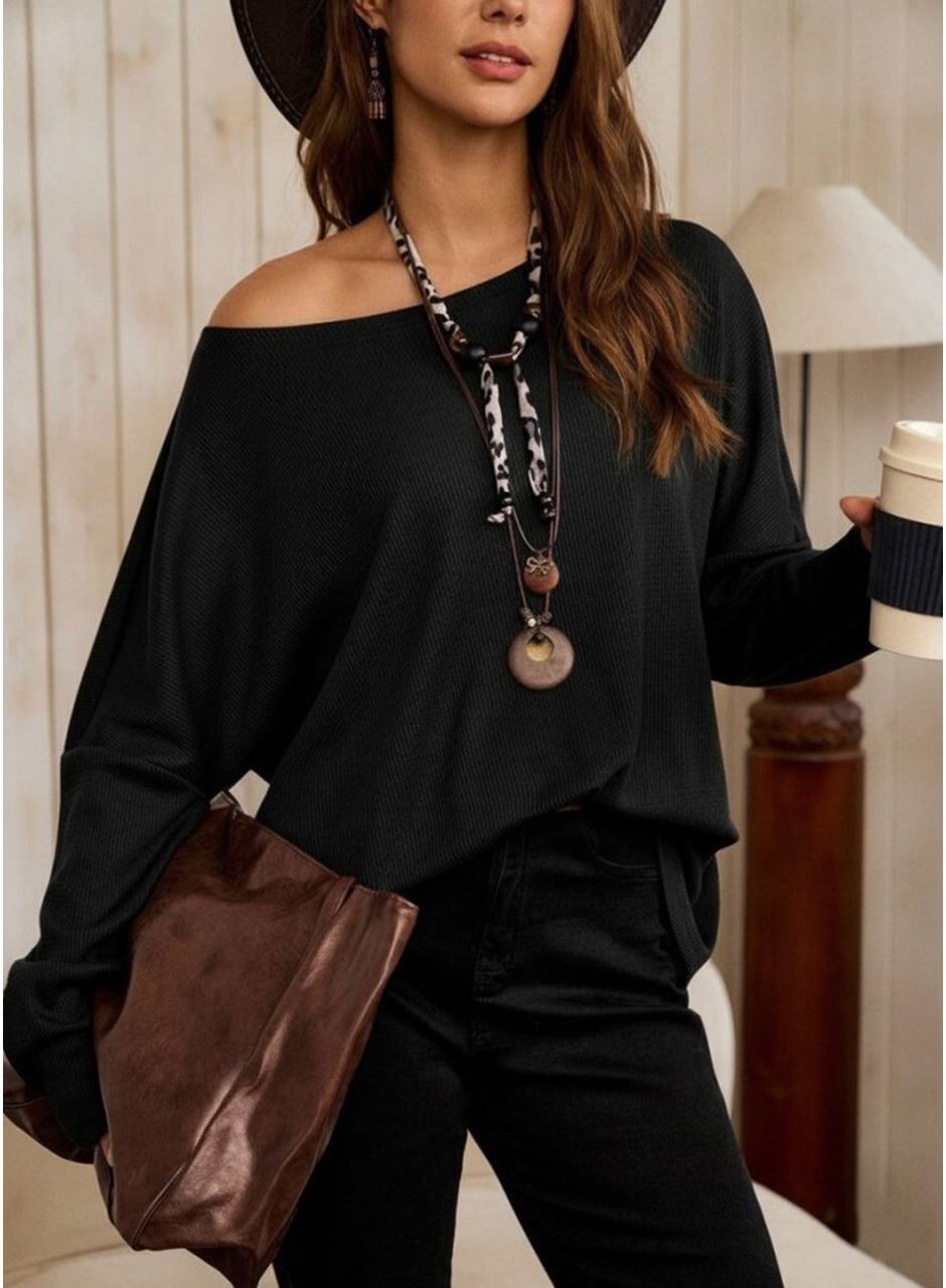 Kadın Tek Omuzdan Açık Yarasa Kollu Waffle Bluz