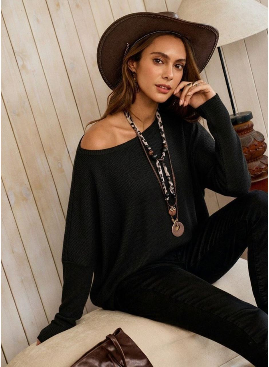 Kadın Tek Omuzdan Açık Yarasa Kollu Waffle Bluz