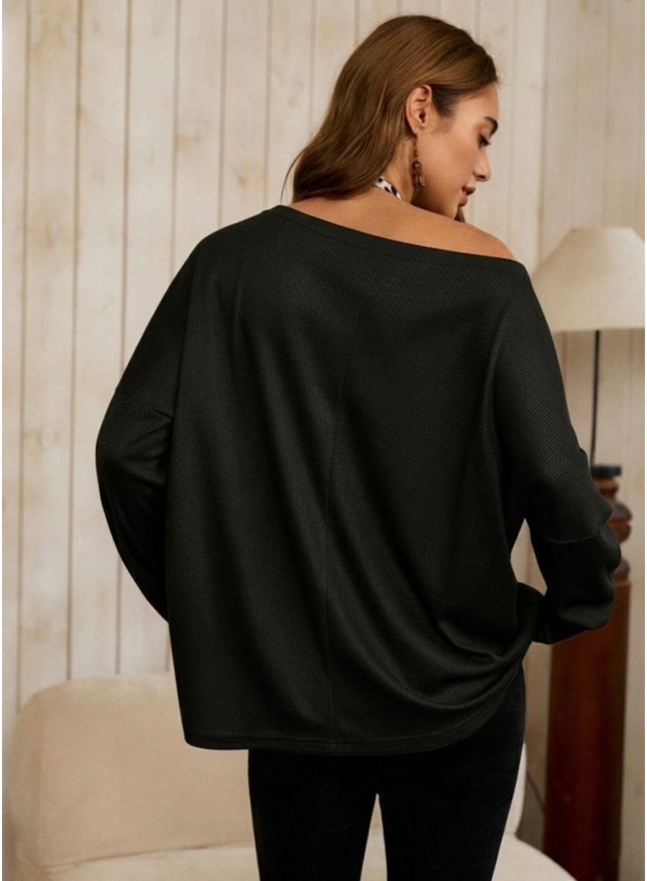 Kadın Tek Omuzdan Açık Yarasa Kollu Waffle Bluz
