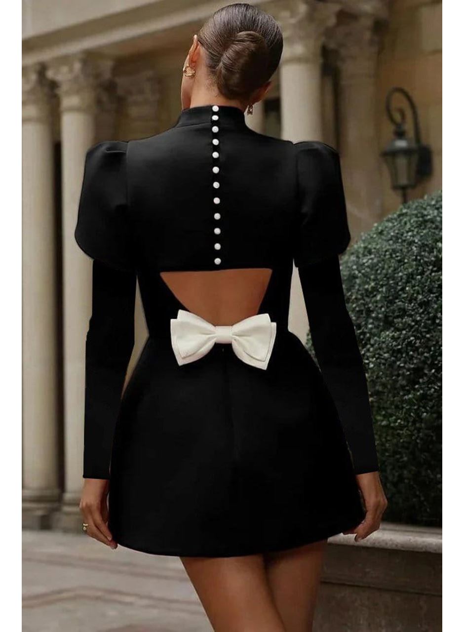 Kadın Uzun Kollu Yarı Balıkçı Yaka Arkadan Kurdela Detaylı Mini Atlas Elbise