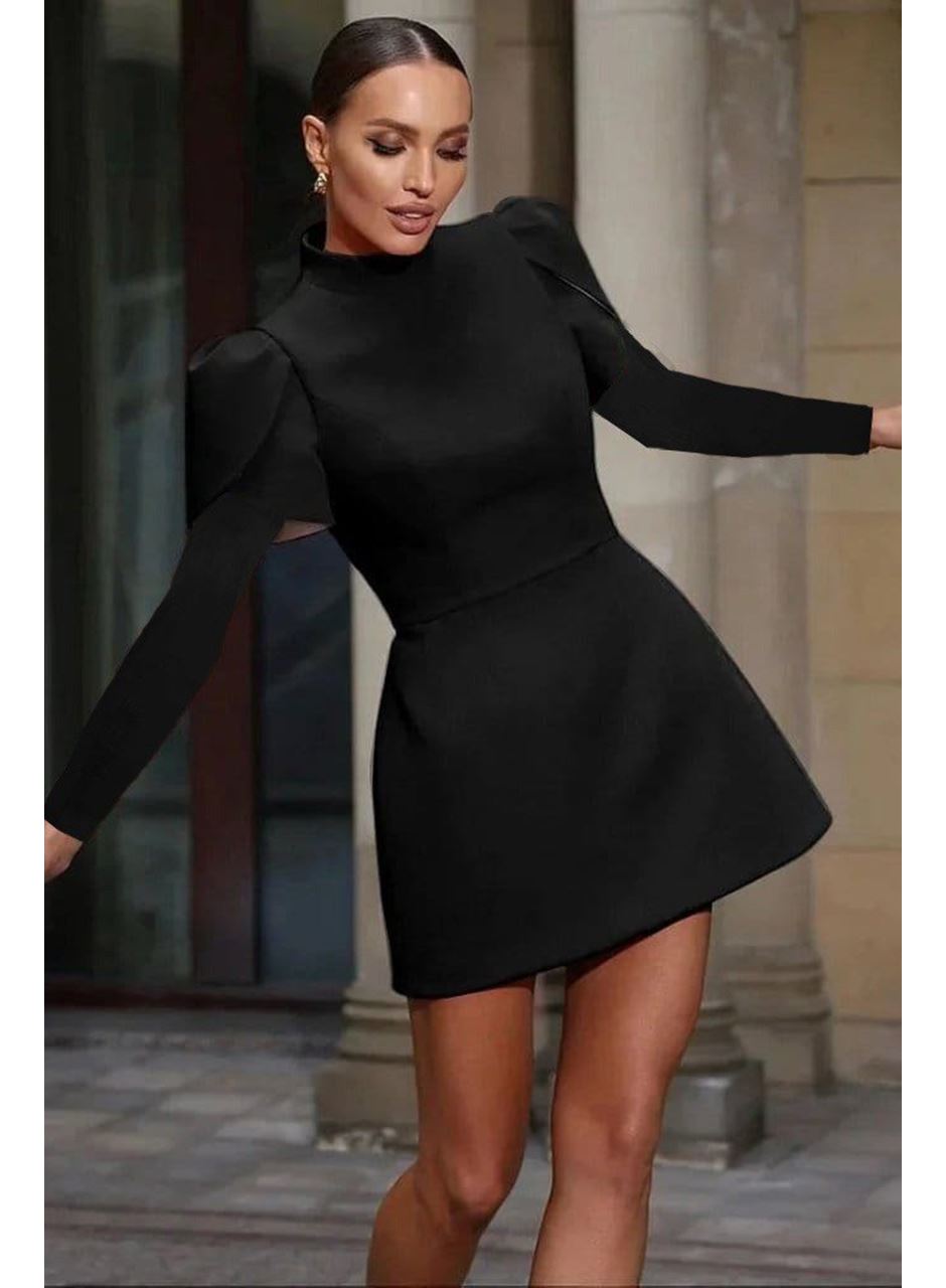 Kadın Uzun Kollu Yarı Balıkçı Yaka Arkadan Kurdela Detaylı Mini Atlas Elbise