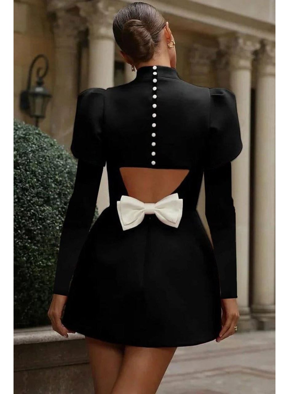 Kadın Uzun Kollu Yarı Balıkçı Yaka Arkadan Kurdela Detaylı Mini Atlas Elbise