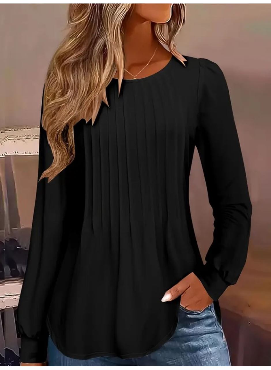 Kadın Uzun Kollu Yuvarlak Yaka Nervürlü Bluz