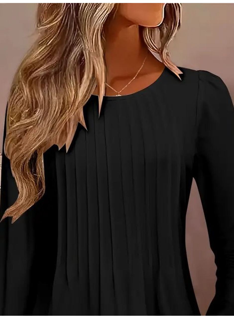 Kadın Uzun Kollu Yuvarlak Yaka Nervürlü Bluz