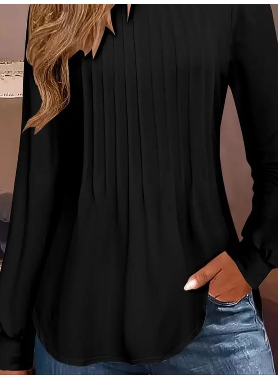 Kadın Uzun Kollu Yuvarlak Yaka Nervürlü Bluz