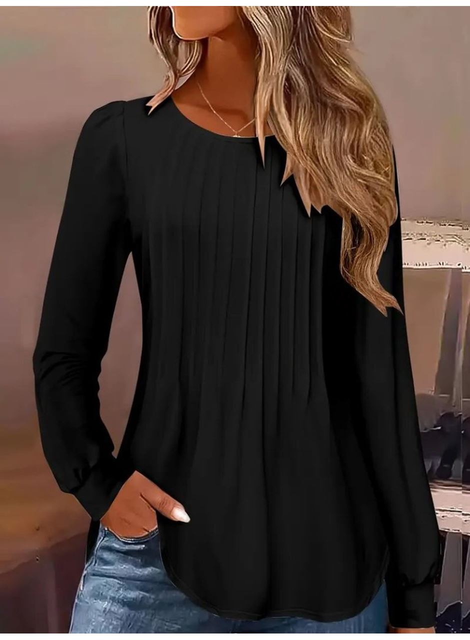 Kadın Uzun Kollu Yuvarlak Yaka Nervürlü Bluz