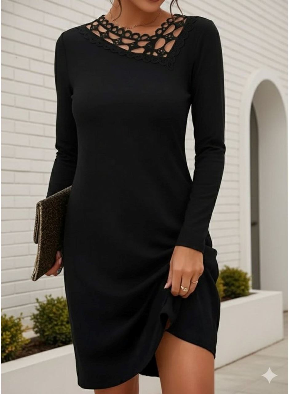 Kadın Uzun Kollu Dantel Yaka Ithal Krep Mini Elbise