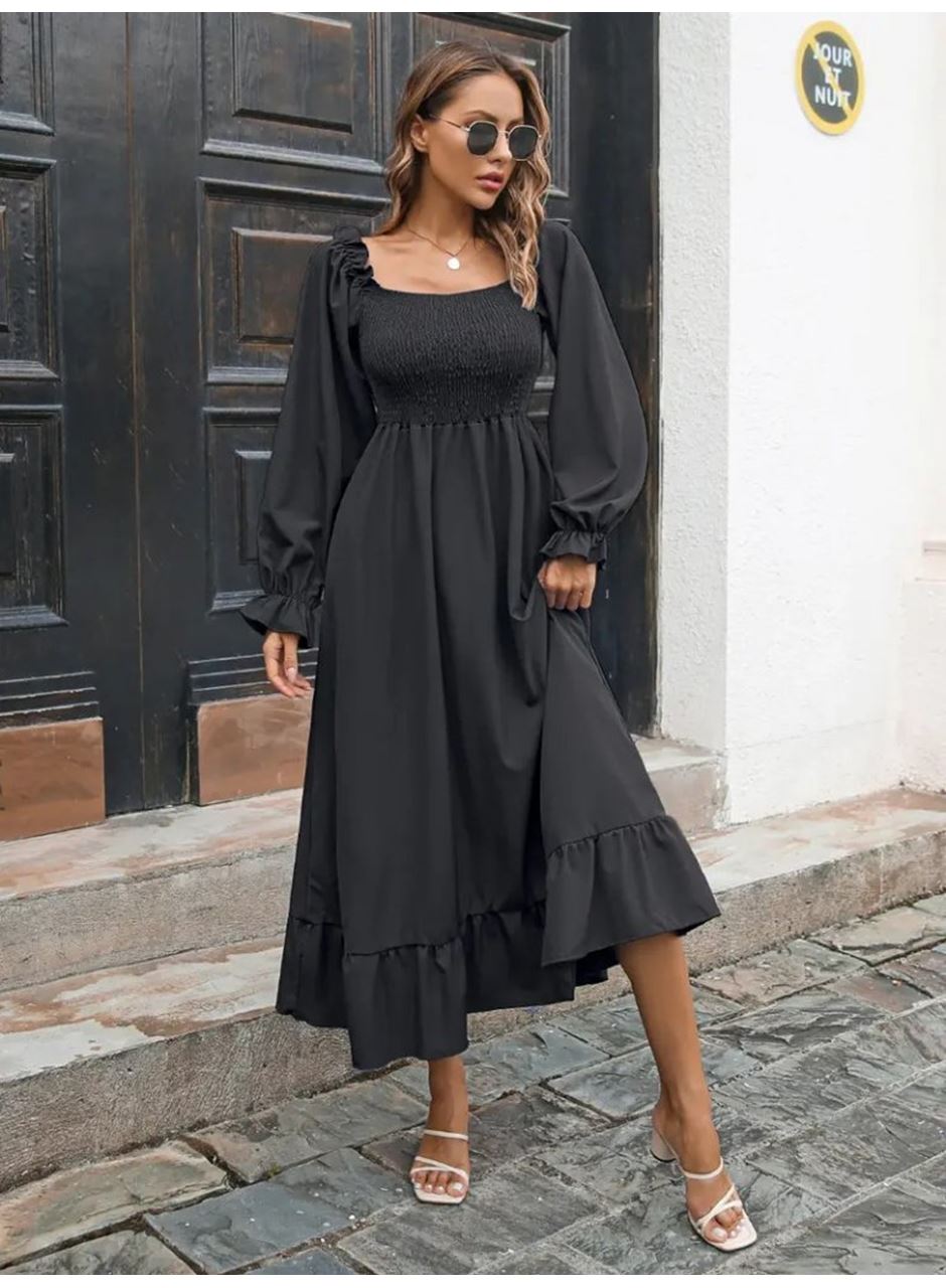 Kadın Uzun Kollu Kare Yakalı Gipeli Uzun Trikoton Elbise