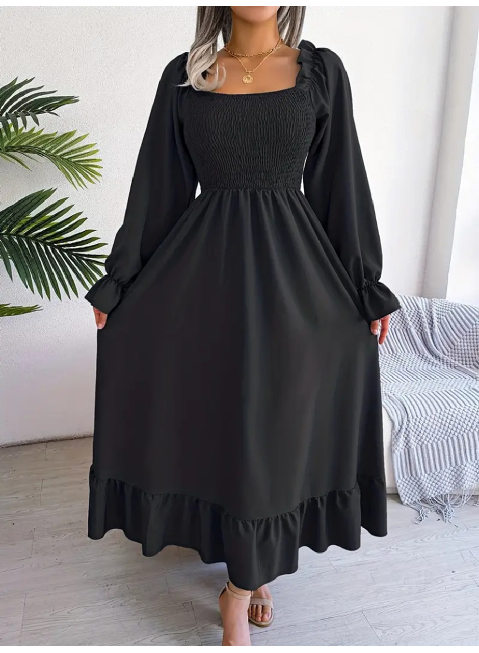 Kadın Uzun Kollu Kare Yakalı Gipeli Uzun Trikoton Elbise