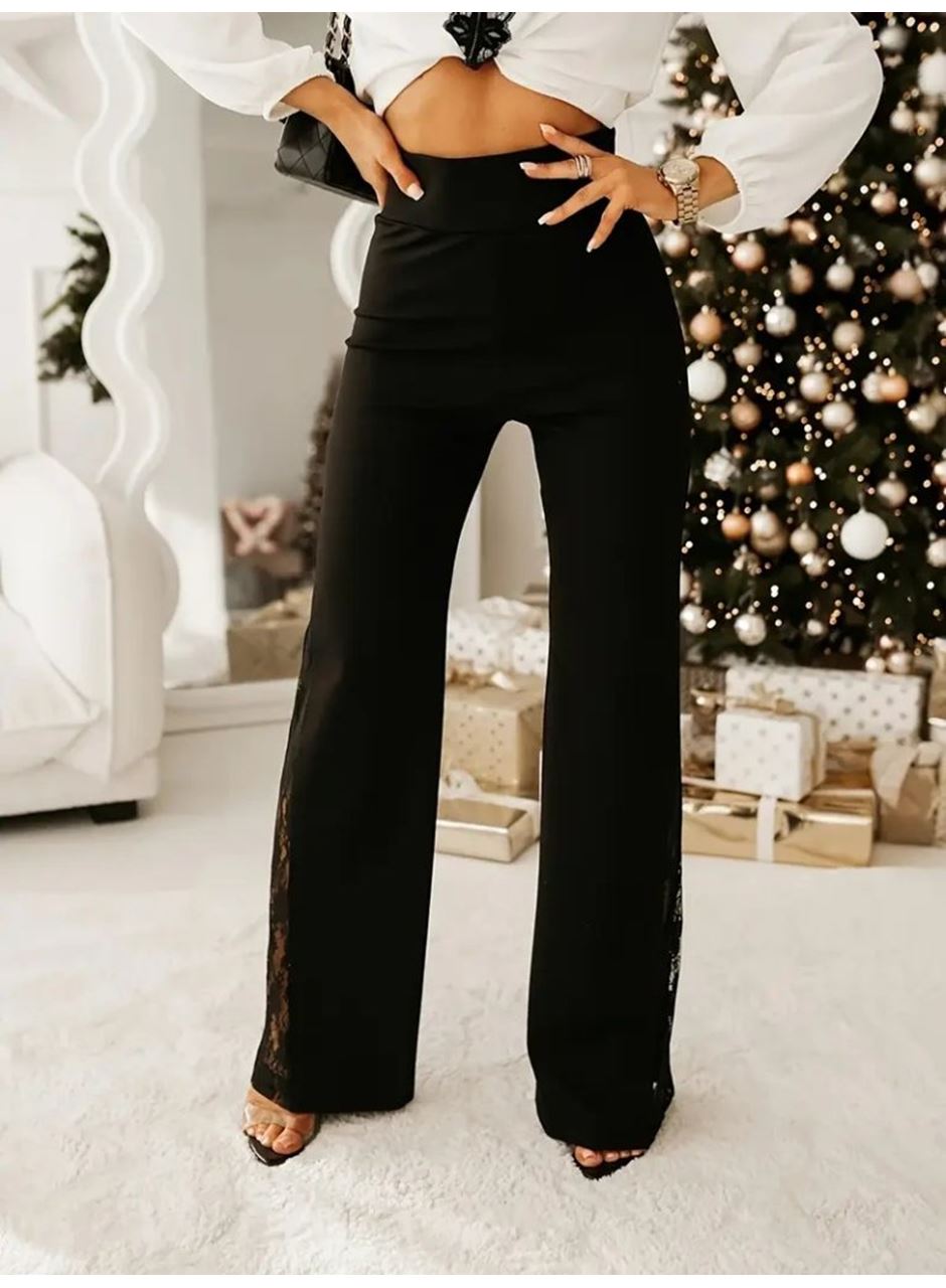 Kadın Yüksek Bel Yanlardan Dantelli Paçaya Doğru Geniş Kesim Detaylı Ithal Krep Pantolon