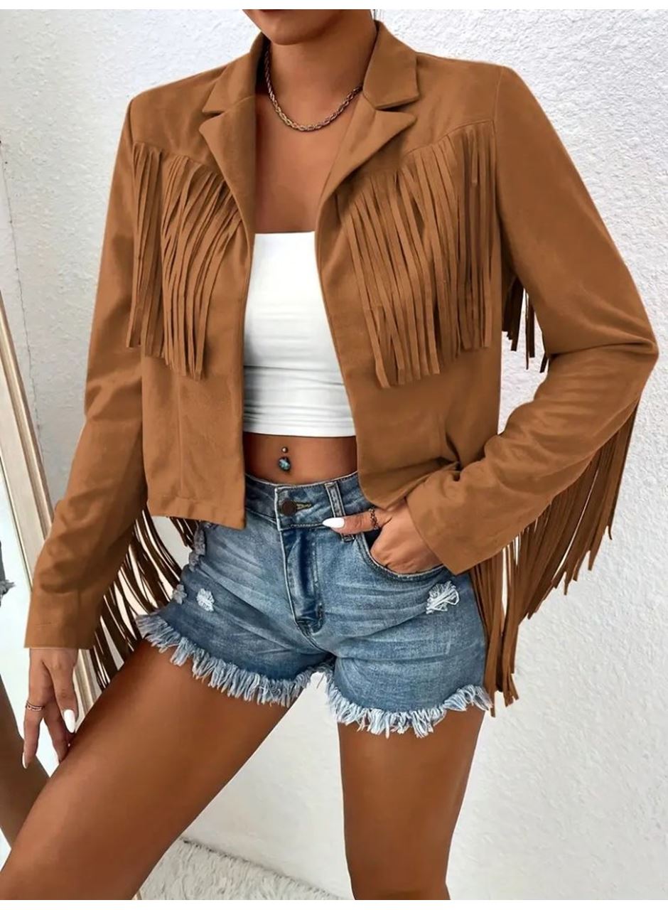 Kadın Uzun Kollu Yakalı Kısa Püsküllü Süet Ceket