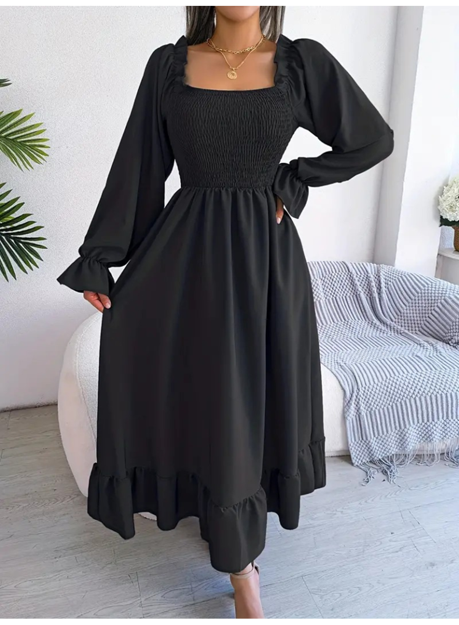 Kadın Uzun Kollu Kare Yakalı Gipeli Uzun Trikoton Elbise