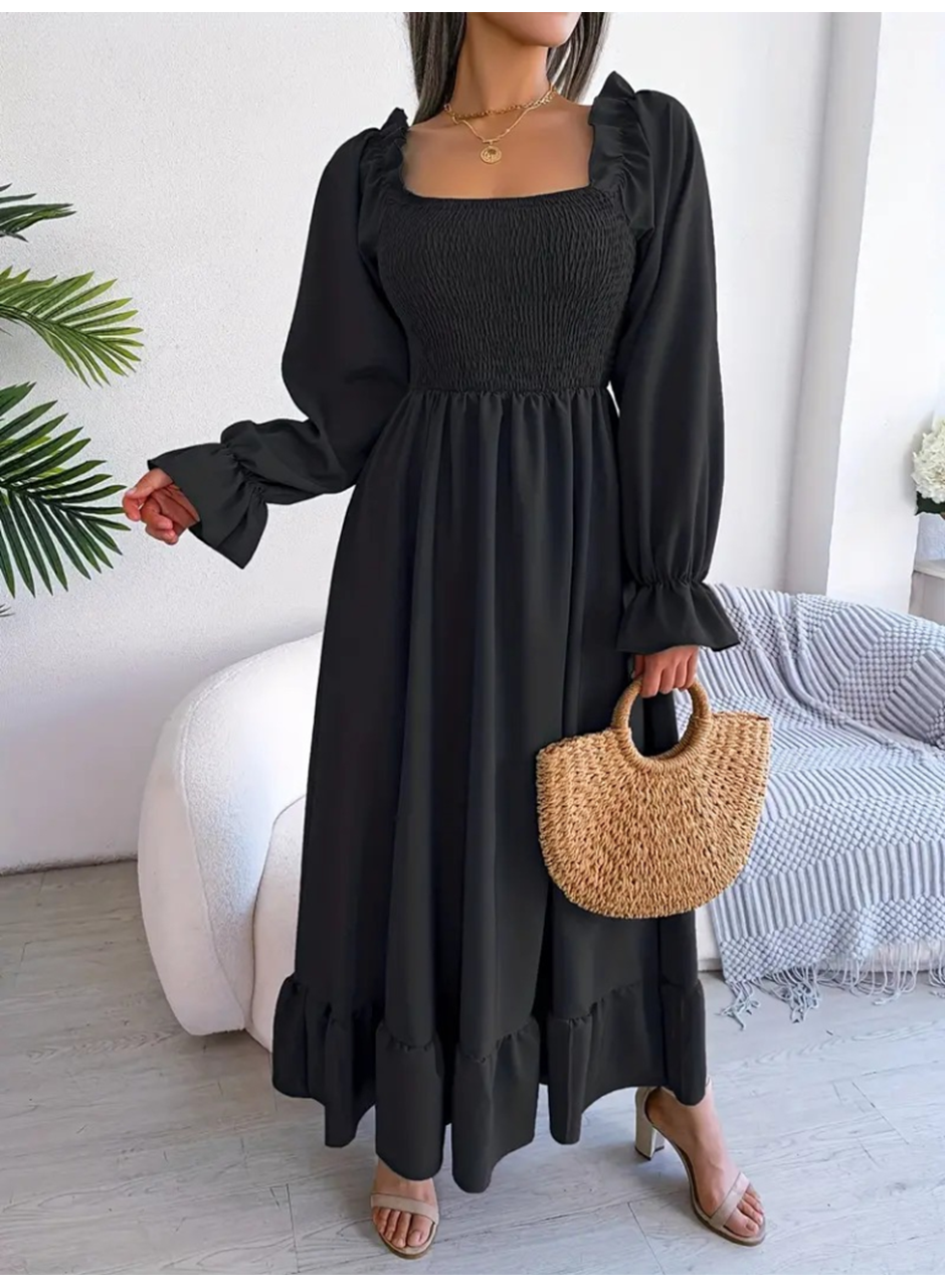 Kadın Uzun Kollu Kare Yakalı Gipeli Uzun Trikoton Elbise