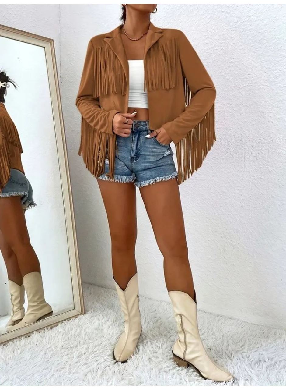 Kadın Uzun Kollu Yakalı Kısa Püsküllü Süet Ceket