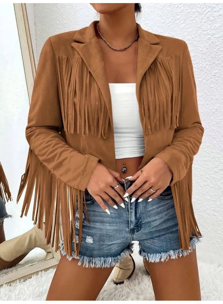 Kadın Uzun Kollu Yakalı Kısa Püsküllü Süet Ceket