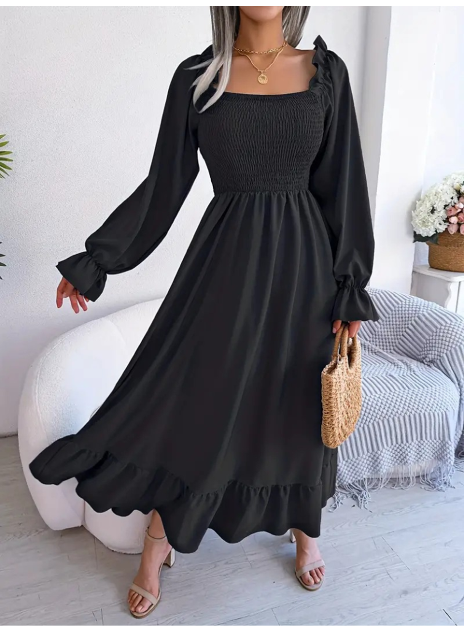 Kadın Uzun Kollu Kare Yakalı Gipeli Uzun Trikoton Elbise