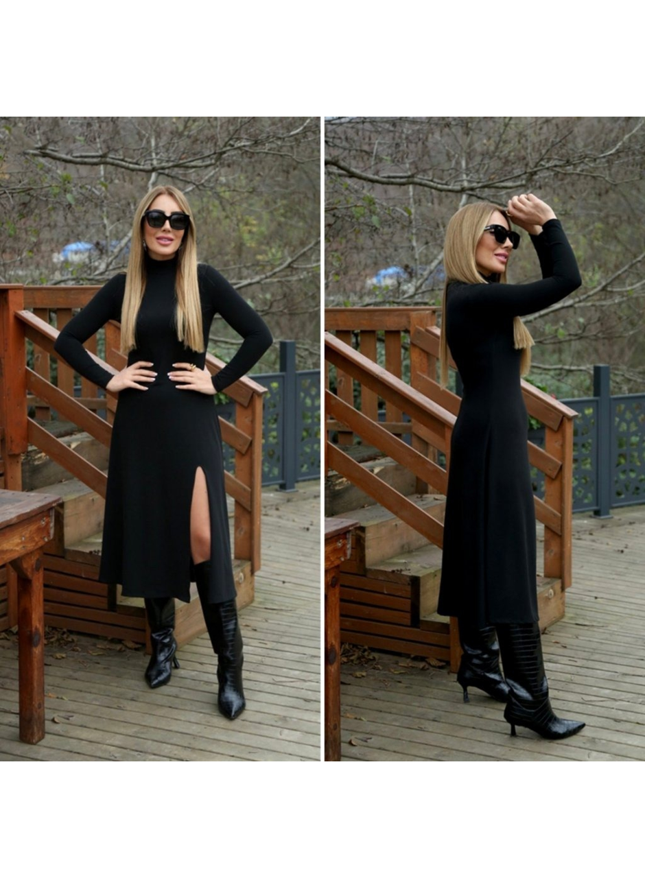 Kadın Uzun Kollu Balıkçı Yaka Derin Yırtmaç Detay Krep Elbise