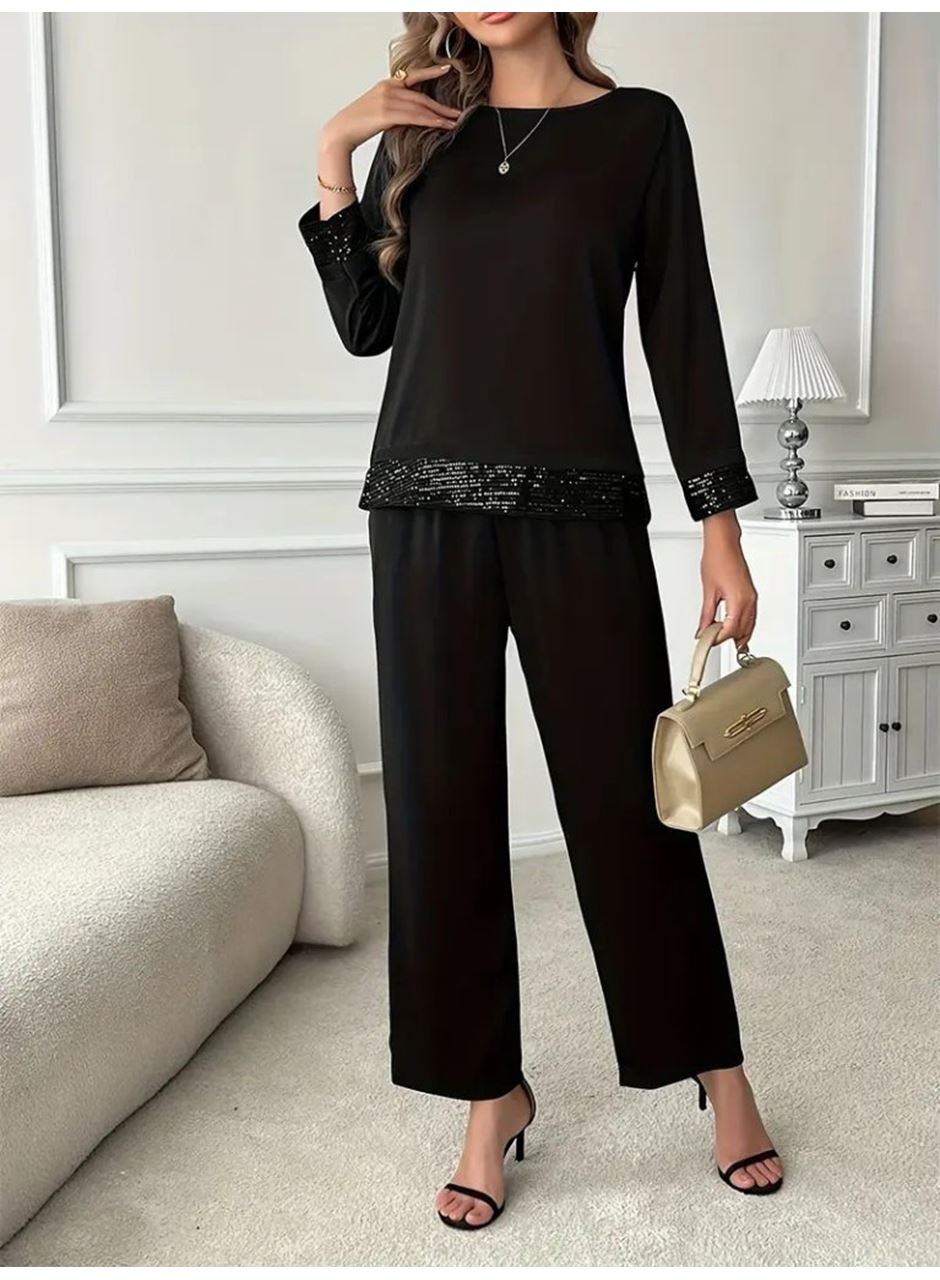 Kadın Uzun Kollu Bisiklet Yaka Pulpayetli Viskon Iki Iplik Bluz Ve Pantolon Ikili Takım