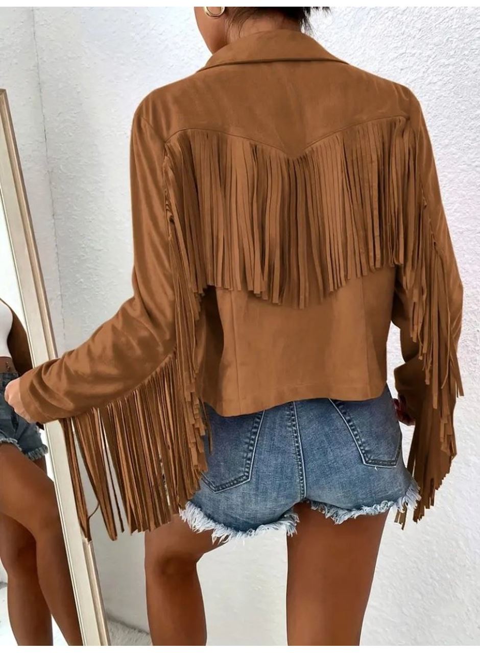 Kadın Uzun Kollu Yakalı Kısa Püsküllü Süet Ceket