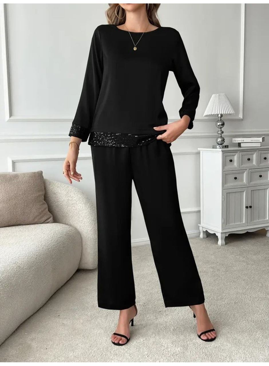 Kadın Uzun Kollu Bisiklet Yaka Pulpayetli Viskon Iki Iplik Bluz Ve Pantolon Ikili Takım