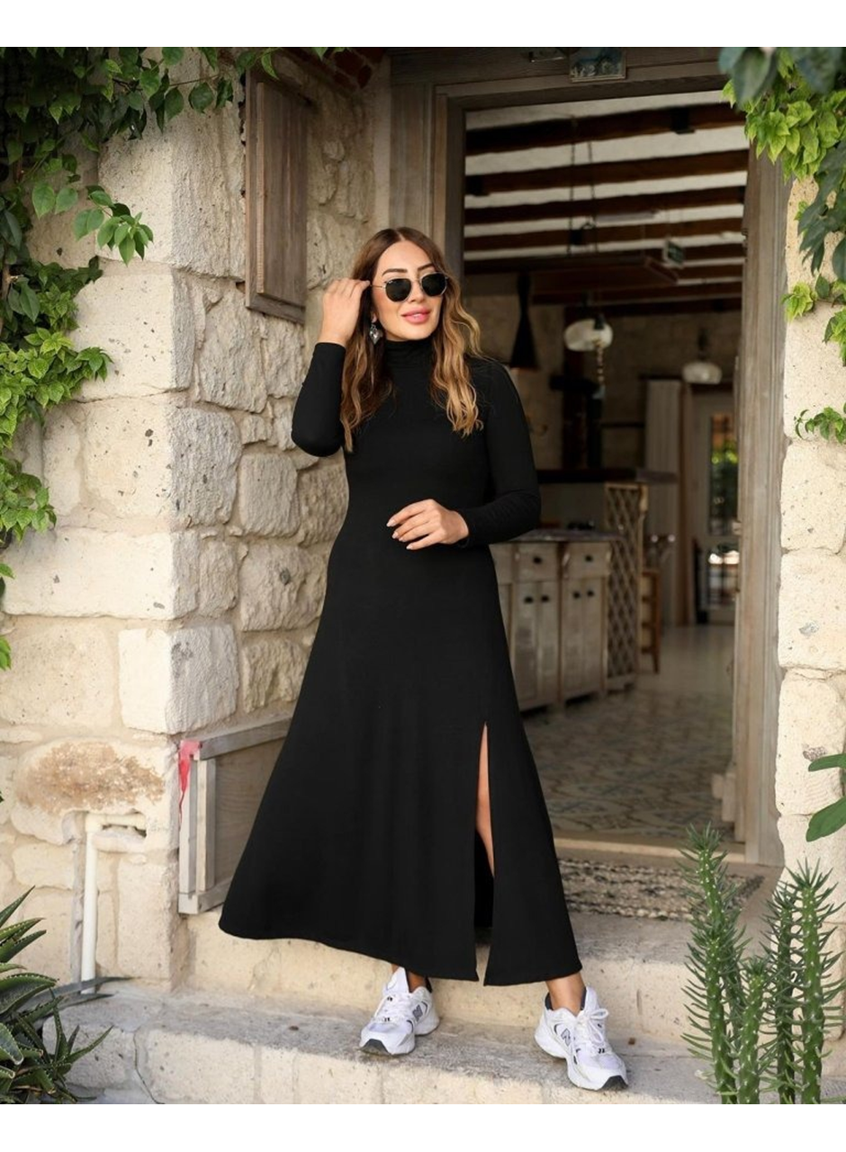 Kadın Uzun Kollu Balıkçı Yaka Derin Yırtmaç Detay Krep Elbise