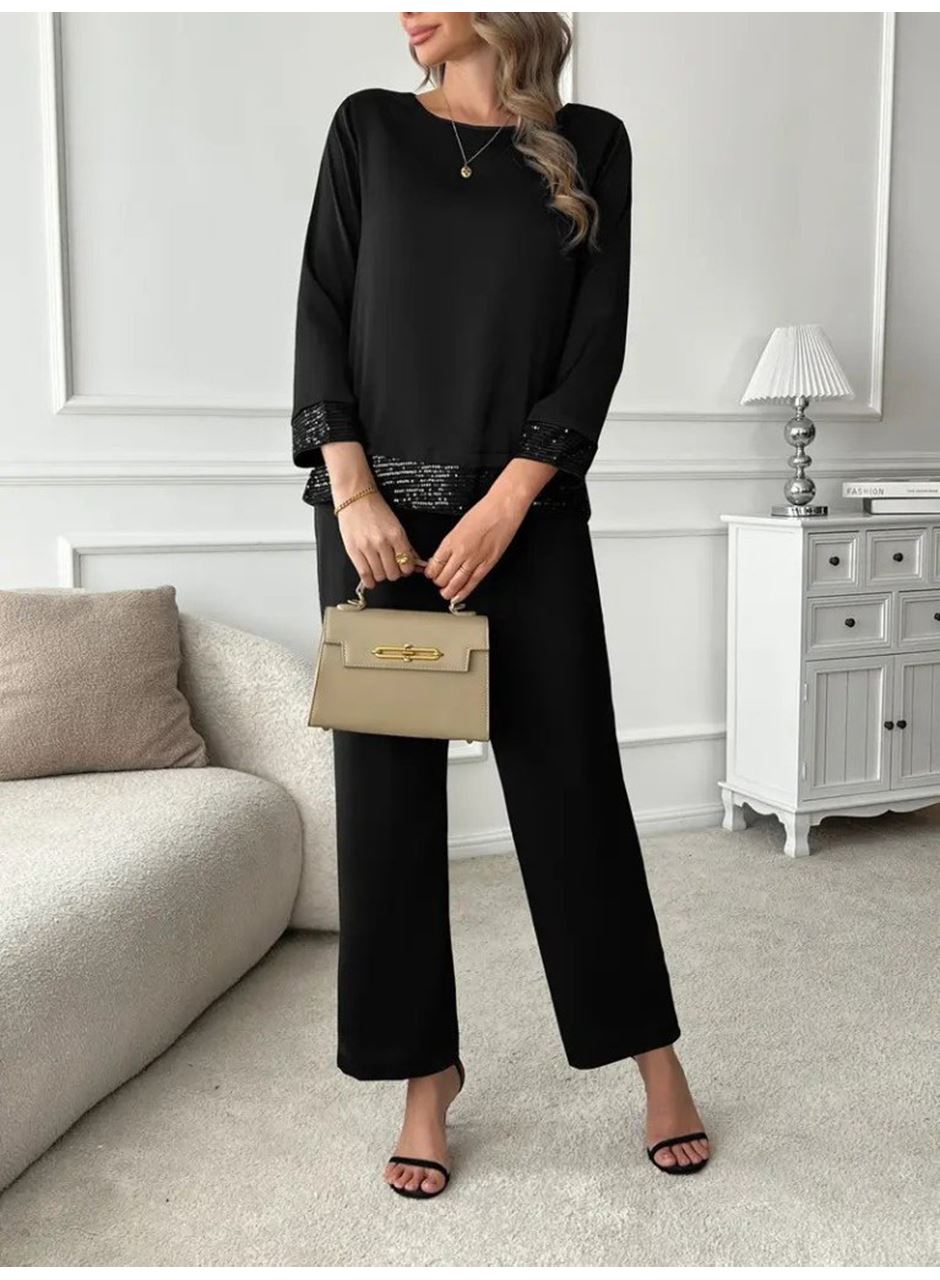 Kadın Uzun Kollu Bisiklet Yaka Pulpayetli Viskon Iki Iplik Bluz Ve Pantolon Ikili Takım
