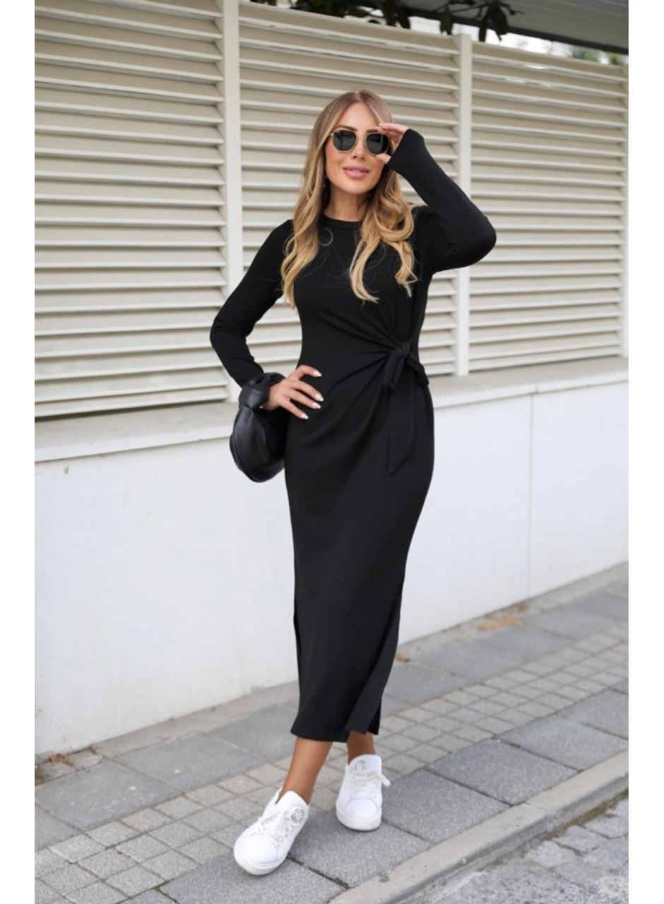 Kadın Uzun Kollu Bisiklet Yaka Belden çapraz Bağlamalı Yandan Yırtmaçlı Uzun Viskon Iki Iplik Elbise