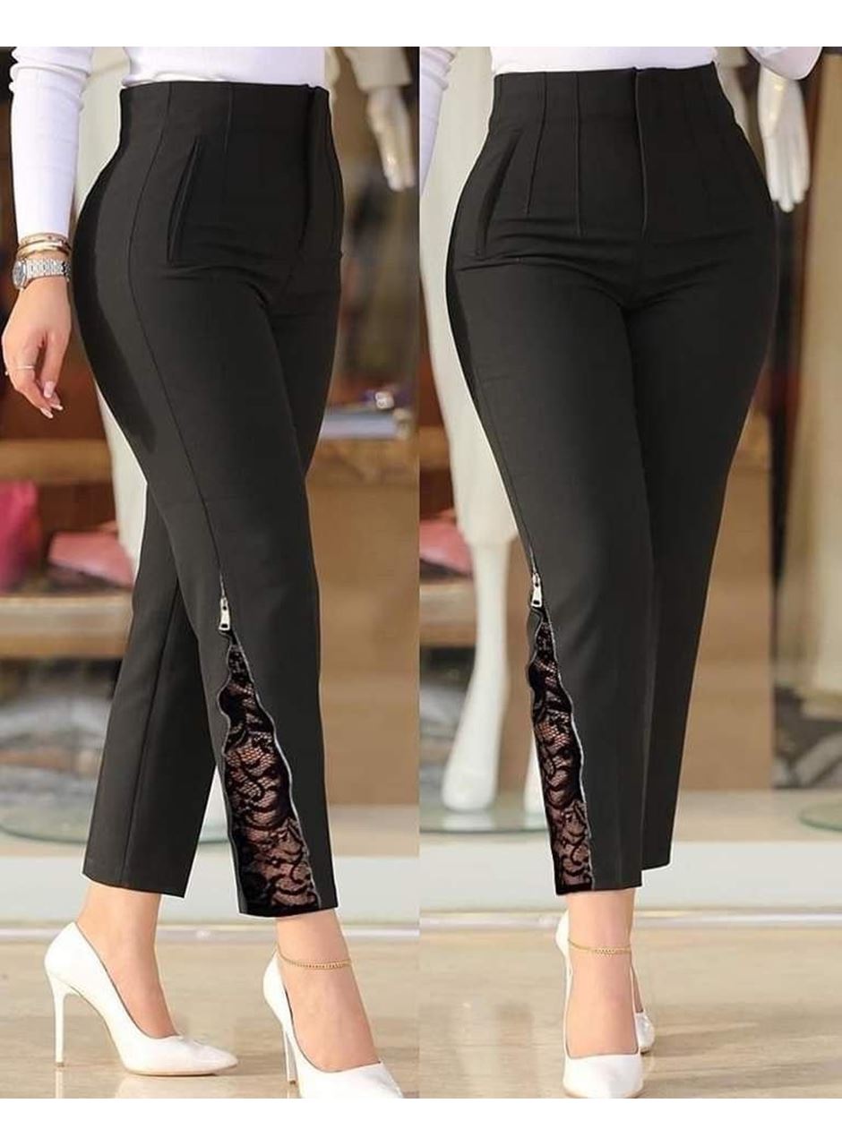 Kadın Yüksek Bel önden Nervürlü Ve Fermuarlı Yandan Dantelli Ithal Krep Pantolon