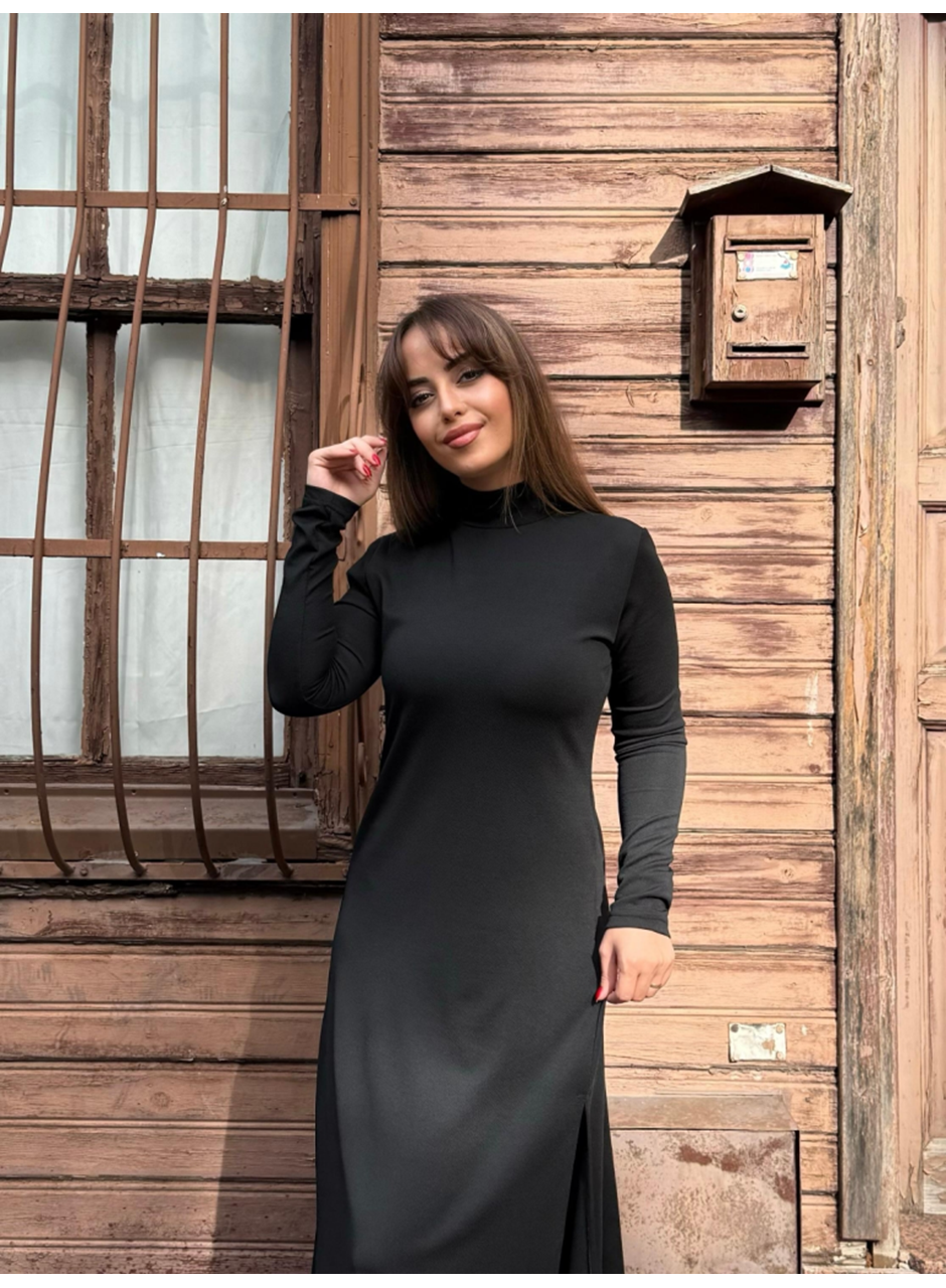 Kadın Uzun Kollu Balıkçı Yaka Derin Yırtmaç Detay Krep Elbise