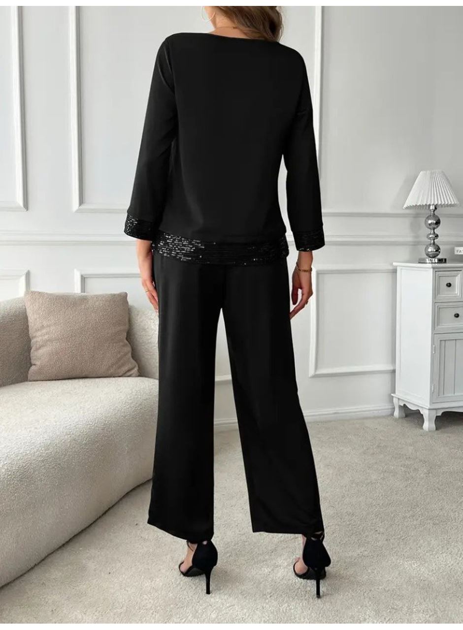 Kadın Uzun Kollu Bisiklet Yaka Pulpayetli Viskon Iki Iplik Bluz Ve Pantolon Ikili Takım