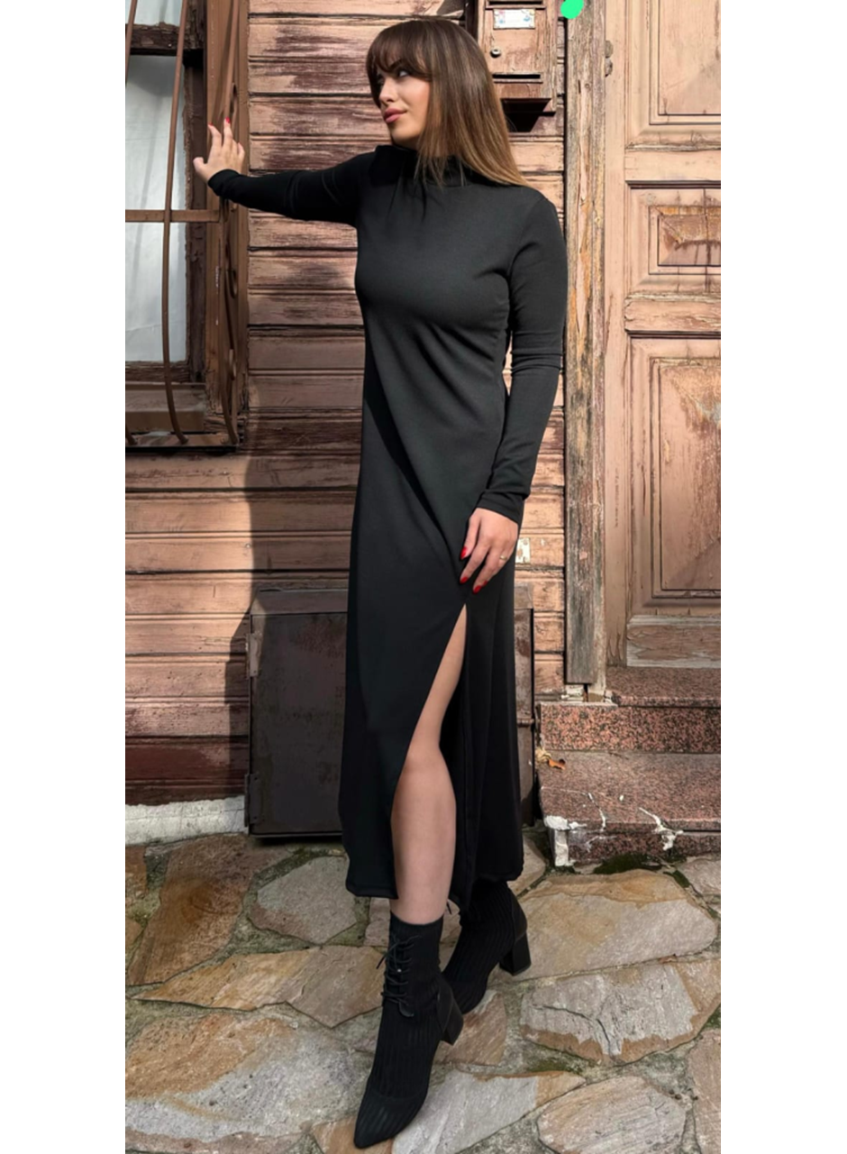 Kadın Uzun Kollu Balıkçı Yaka Derin Yırtmaç Detay Krep Elbise