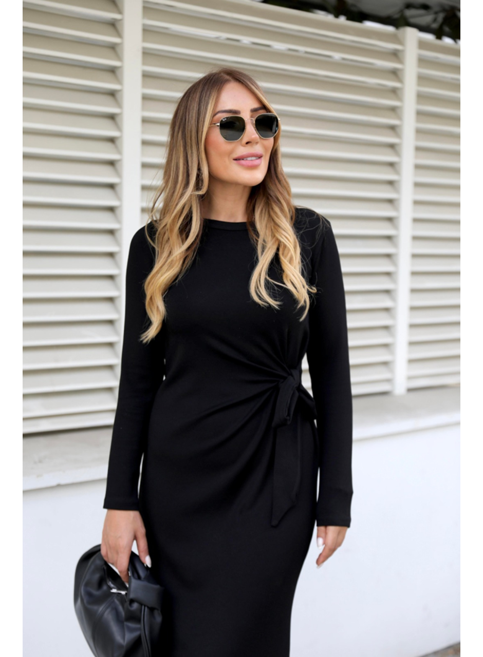 Kadın Uzun Kollu Bisiklet Yaka Belden çapraz Bağlamalı Yandan Yırtmaçlı Uzun Viskon Iki Iplik Elbise