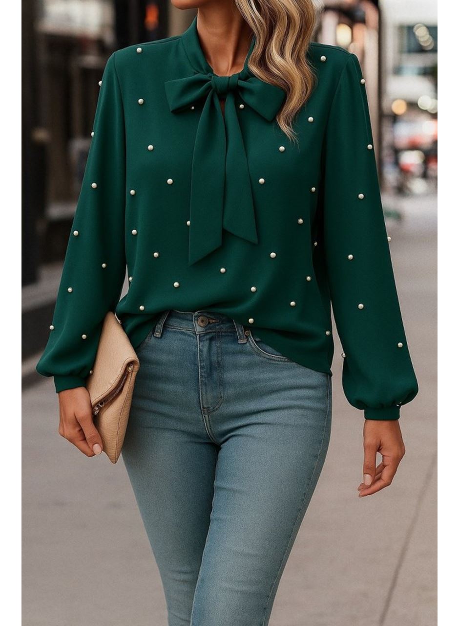 Kadın Uzun Kollu Yakadan Fiyonklu Incili Ithal Krep Bluz