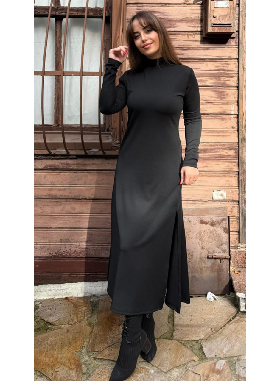 Kadın Uzun Kollu Balıkçı Yaka Derin Yırtmaç Detay Krep Elbise