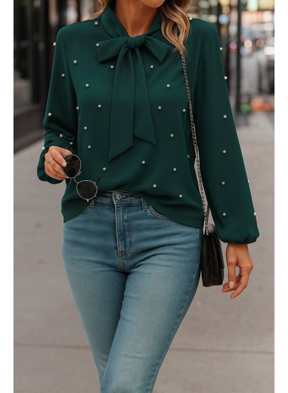 Kadın Uzun Kollu Yakadan Fiyonklu Incili Ithal Krep Bluz