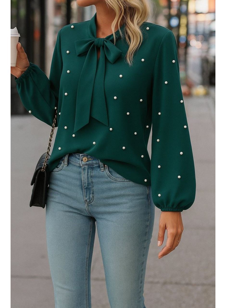 Kadın Uzun Kollu Yakadan Fiyonklu Incili Ithal Krep Bluz