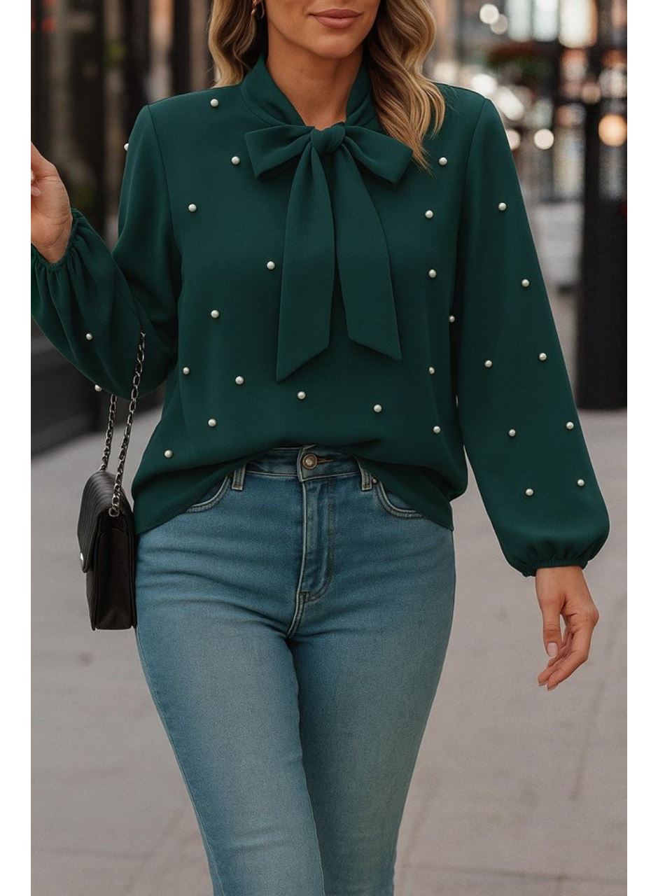 Kadın Uzun Kollu Yakadan Fiyonklu Incili Ithal Krep Bluz