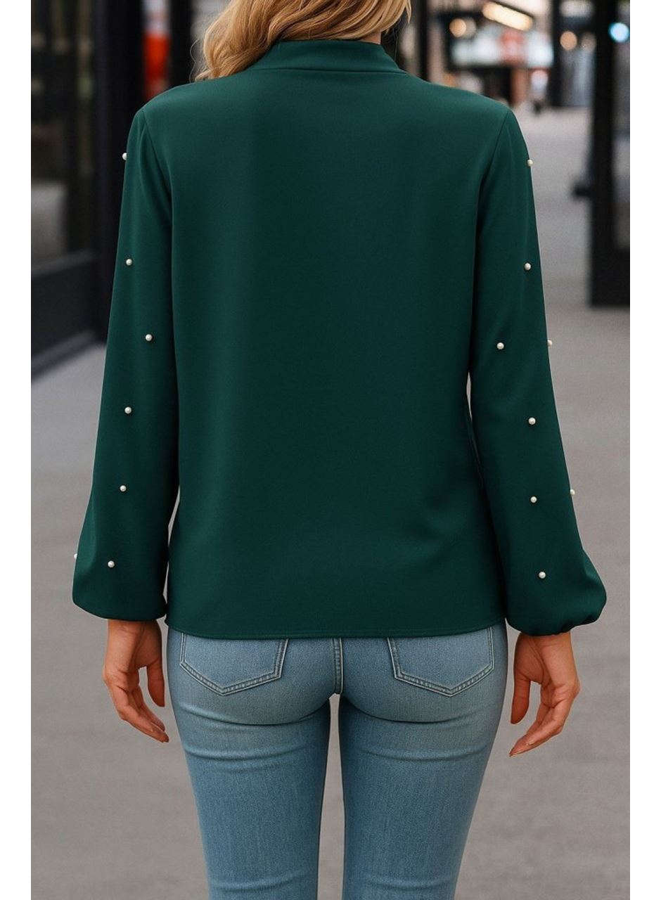 Kadın Uzun Kollu Yakadan Fiyonklu Incili Ithal Krep Bluz