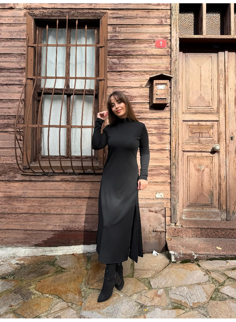 Kadın Uzun Kollu Balıkçı Yaka Derin Yırtmaç Detay Krep Elbise