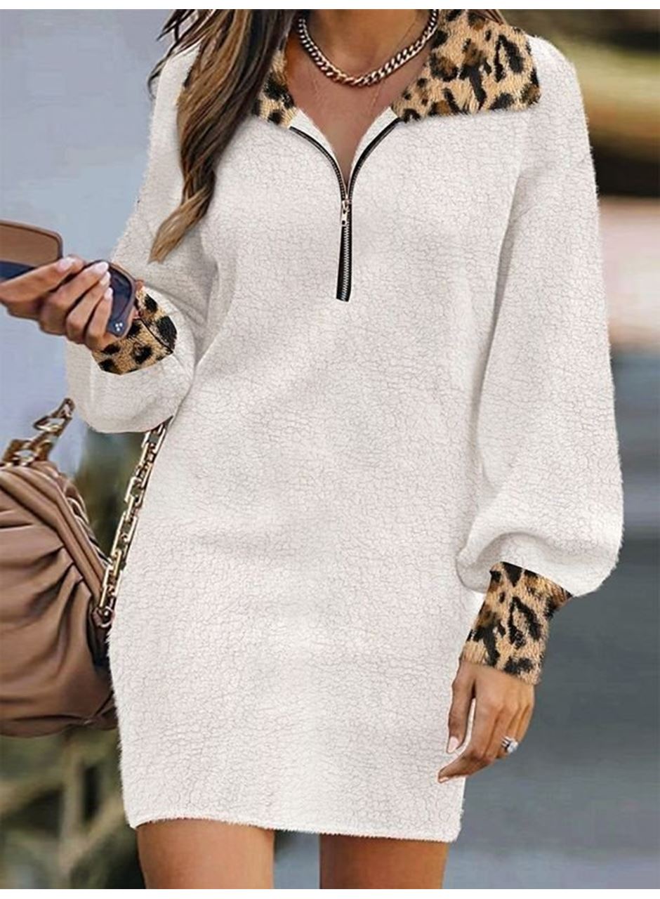 Kadın Uzun Kollu Yakalı önden Fermuarlı Leopar Detaylı Mini Peluş Elbise