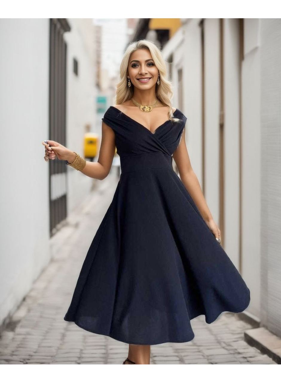 Kadın Kısa Kollu Kruvaze Yaka Eteği Volanlı Krep Elbise