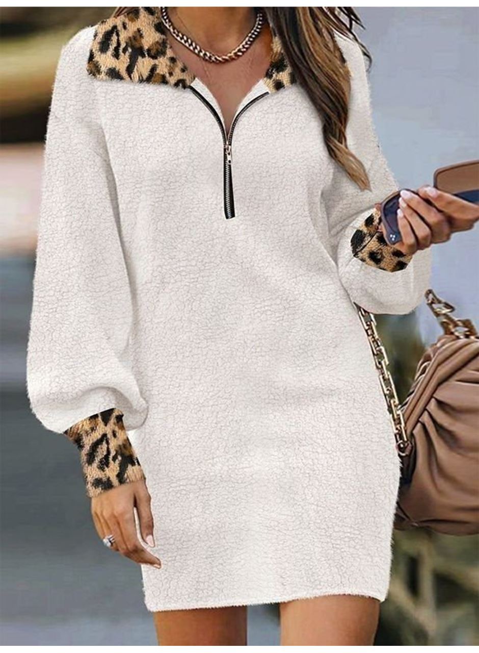 Kadın Uzun Kollu Yakalı önden Fermuarlı Leopar Detaylı Mini Peluş Elbise