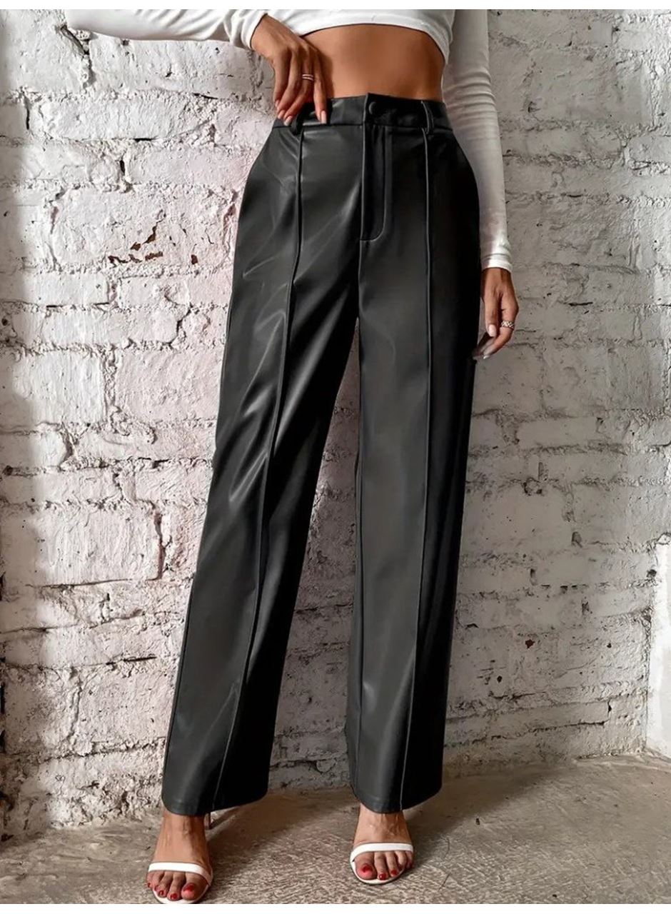 Kadın önden Fermuarlı Cepli Geniş Kesim Lame Deri Pantolon