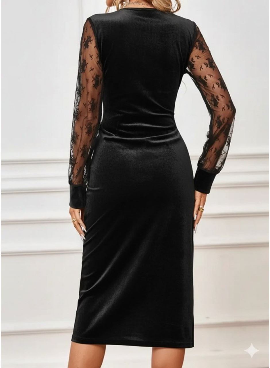 Kadın Uzun Kollu Kruvaze Yakalı Yandan Düğmeli önden çapraz Kesin Detaylı Midi Kadife Elbise