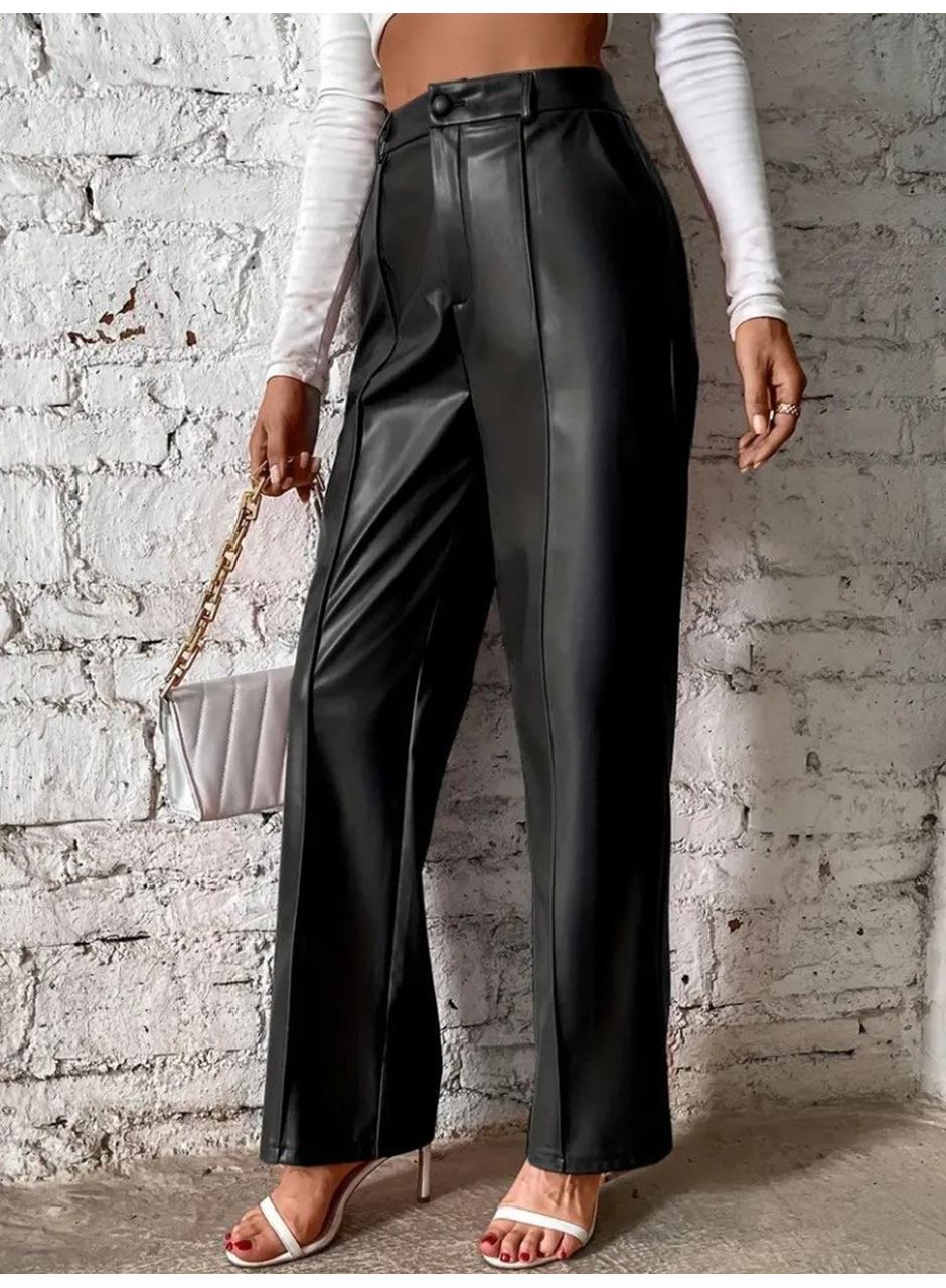 Kadın önden Fermuarlı Cepli Geniş Kesim Lame Deri Pantolon