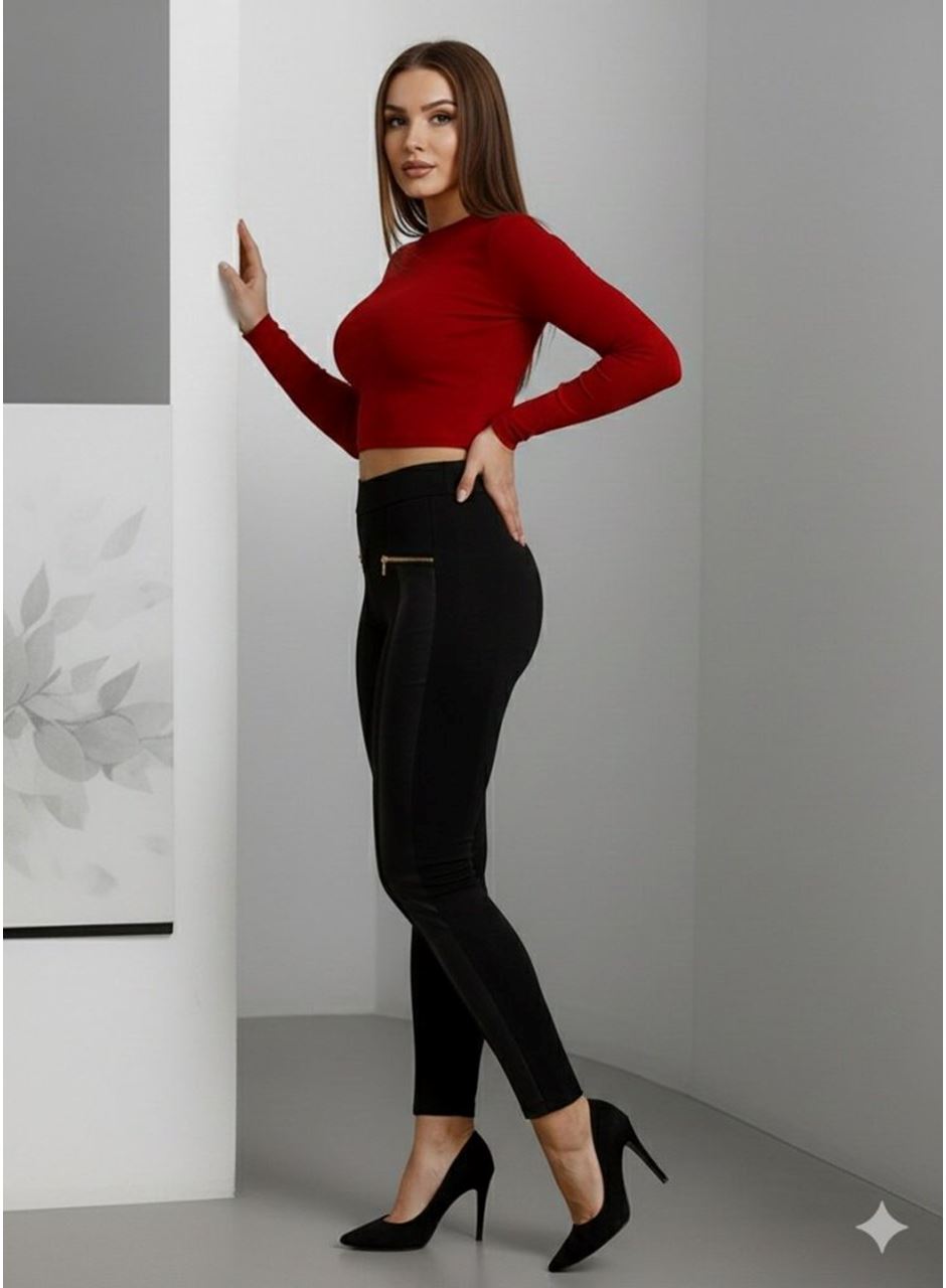 Kadın Yüksek Bel Deri Detaylı Fermuarlı Dalgıç Tayt